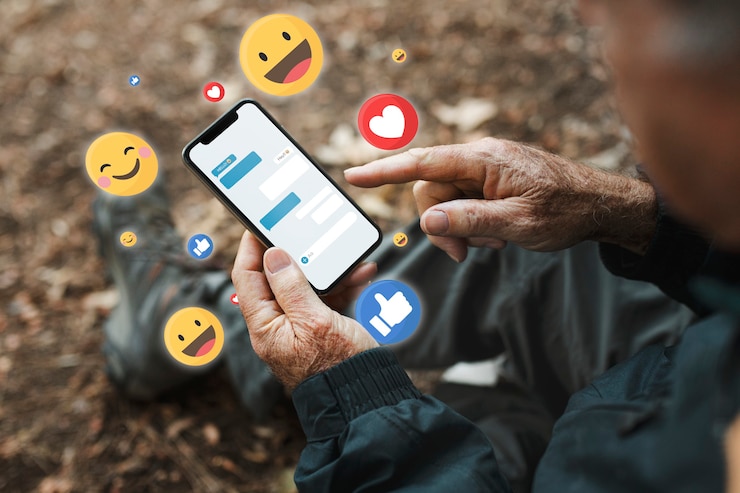 an old man sitting on a bench holding a smartphone, with virtual emojis around it